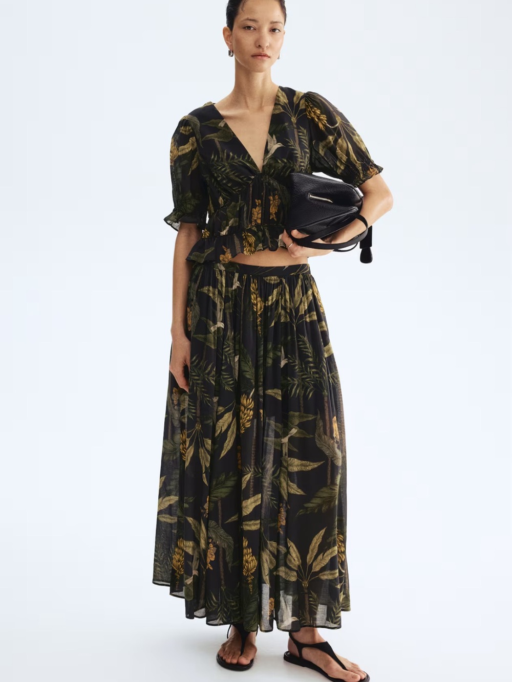 Tropical Print Black Maxi Skirt & Top Set
